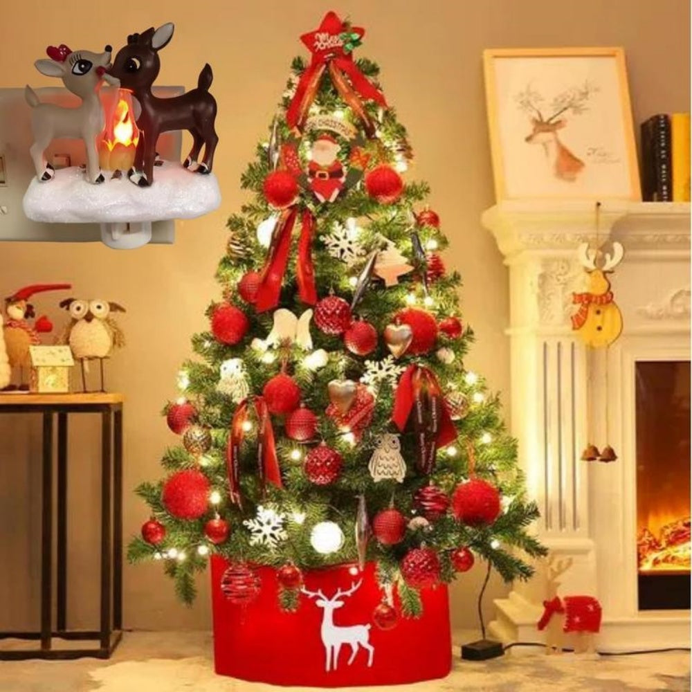Reindeer Night Light with Flickering Flame–LED Faux Campfire Lamp for Christmas & Halloween Decor, Warm White Twinkling Nightlight for Living Room