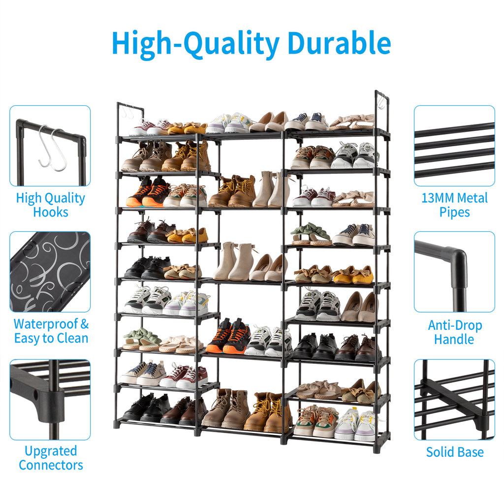 AEELLEEA- 9-Tier Freestanding Shoe Rack Organizer, Large Storage Holds 50-55 Pairs, Adjustable Height Metal Shoe Shelf with Hooks