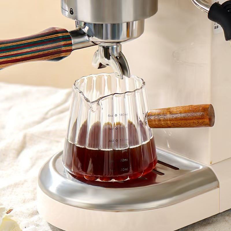 6 oz Glass Measuring Pitcher with Wooden Handle, Clear Espresso Coffee Server with Pour Spout and Measurement Marks