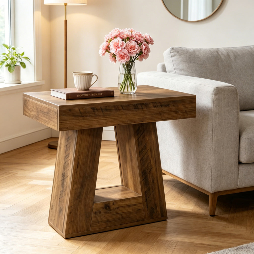 AEELLEEA Rustic Wood Grain End Table, 23.62"H x 23.62" L x15.75" W, Geometric Side Table with Open Storage Compartment for Living Room