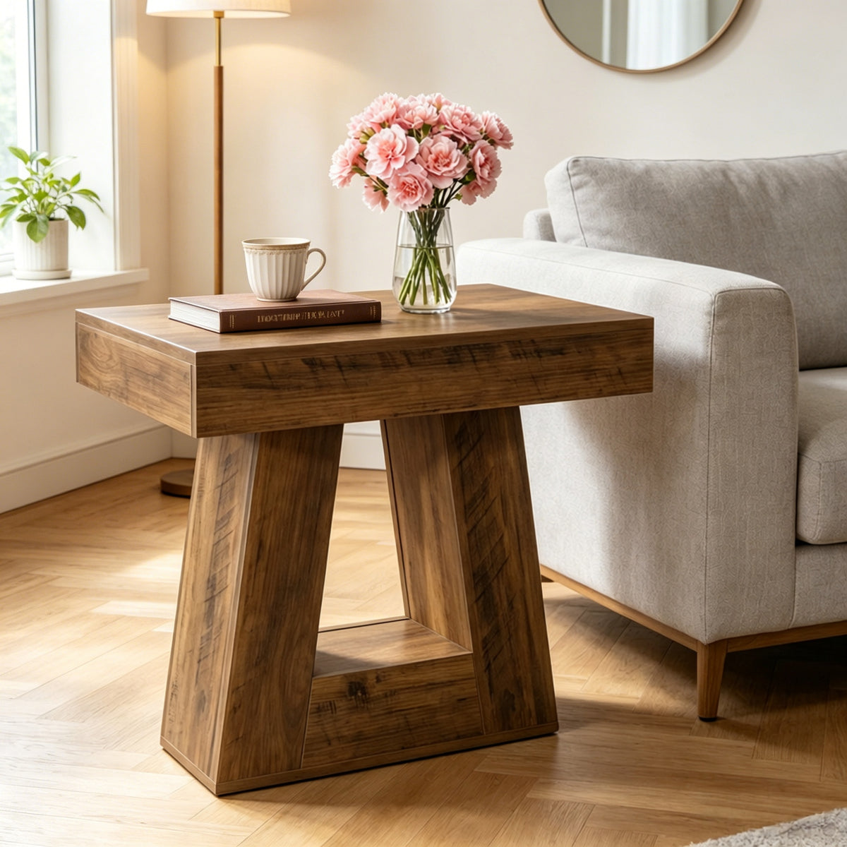 AEELLEEA Rustic Wood Grain End Table, 23.62"H x 23.62" L x15.75" W, Geometric Side Table with Open Storage Compartment for Living Room