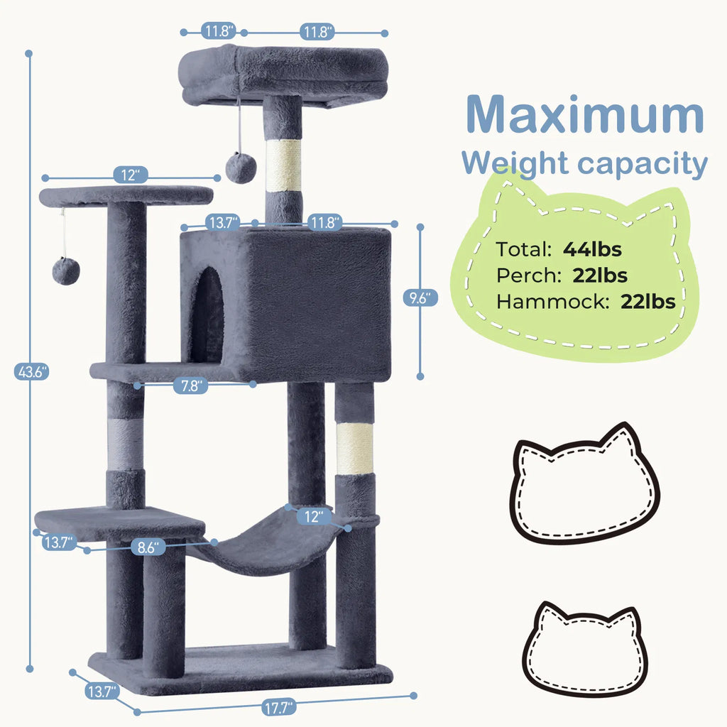 44 Inch Multi‑Level Cat Tree Tower for 2‑3 Cats, Natural Sisal Scratching Posts with Condo, Hammock & Anti‑Tip Kit