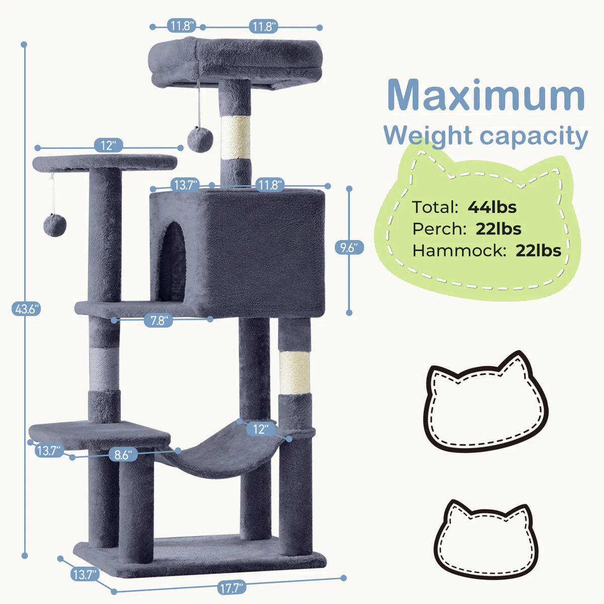 44 Inch Multi‑Level Cat Tree Tower for 2‑3 Cats, Natural Sisal Scratching Posts with Condo, Hammock & Anti‑Tip Kit