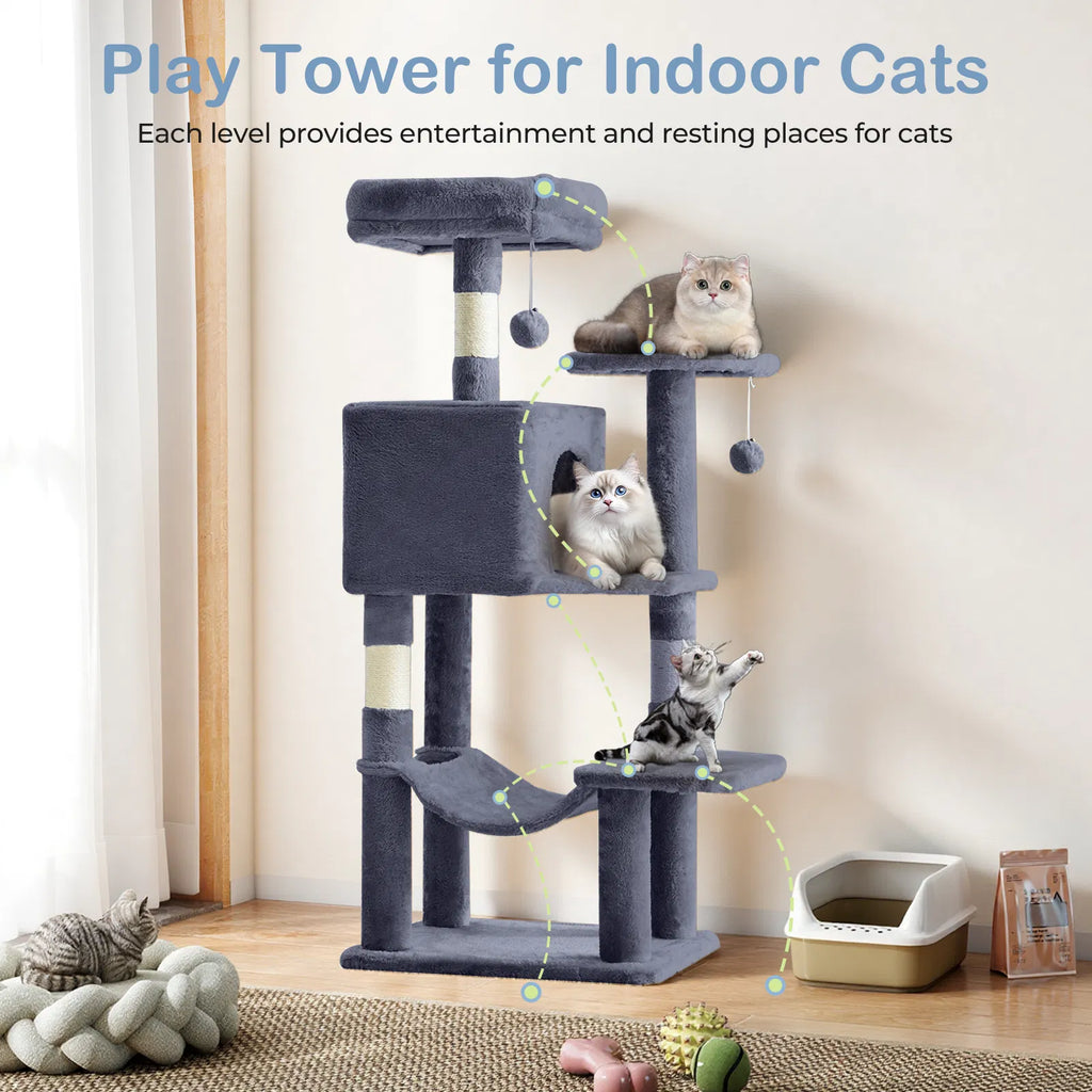 44 Inch Multi‑Level Cat Tree Tower for 2‑3 Cats, Natural Sisal Scratching Posts with Condo, Hammock & Anti‑Tip Kit