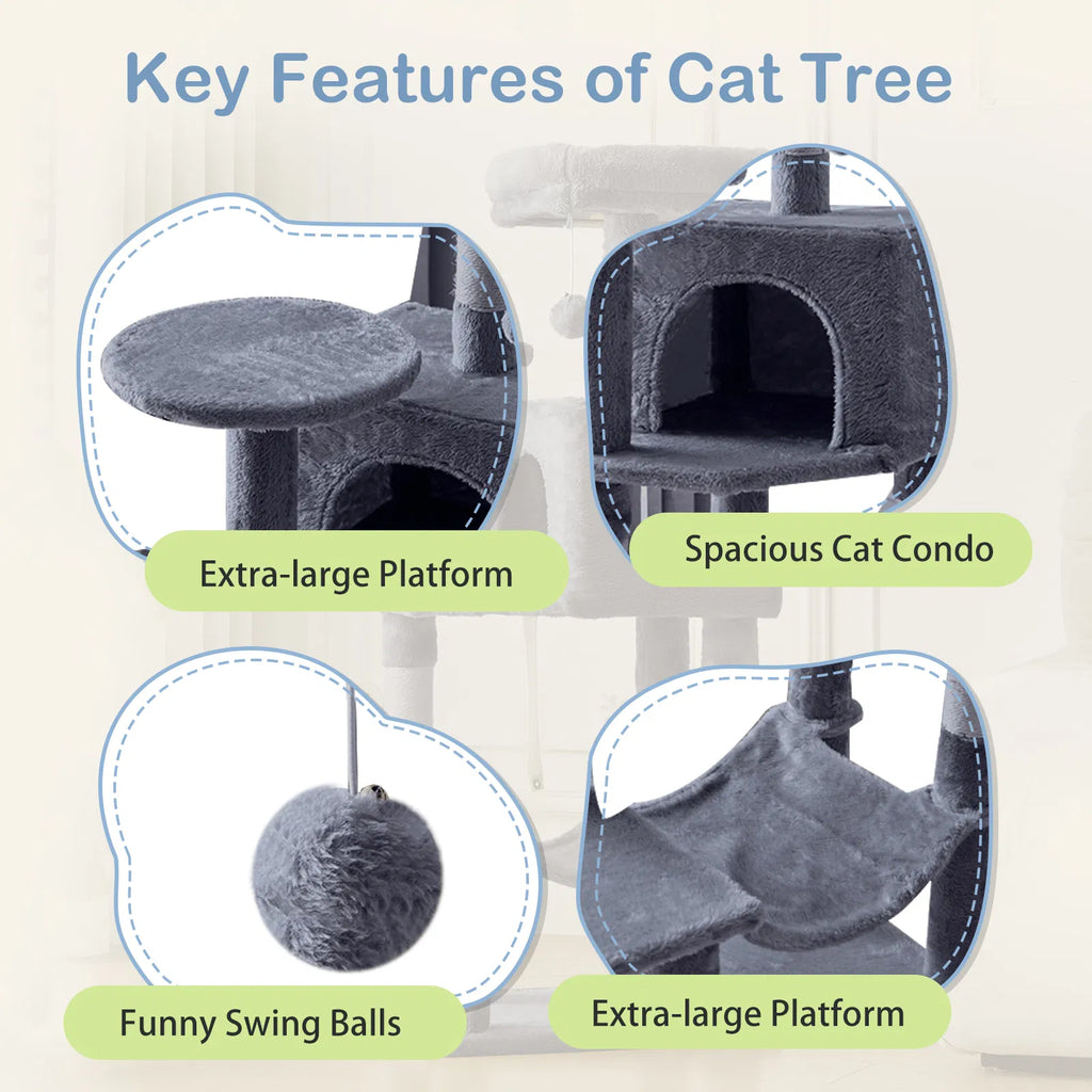 44 Inch Multi‑Level Cat Tree Tower for 2‑3 Cats, Natural Sisal Scratching Posts with Condo, Hammock & Anti‑Tip Kit