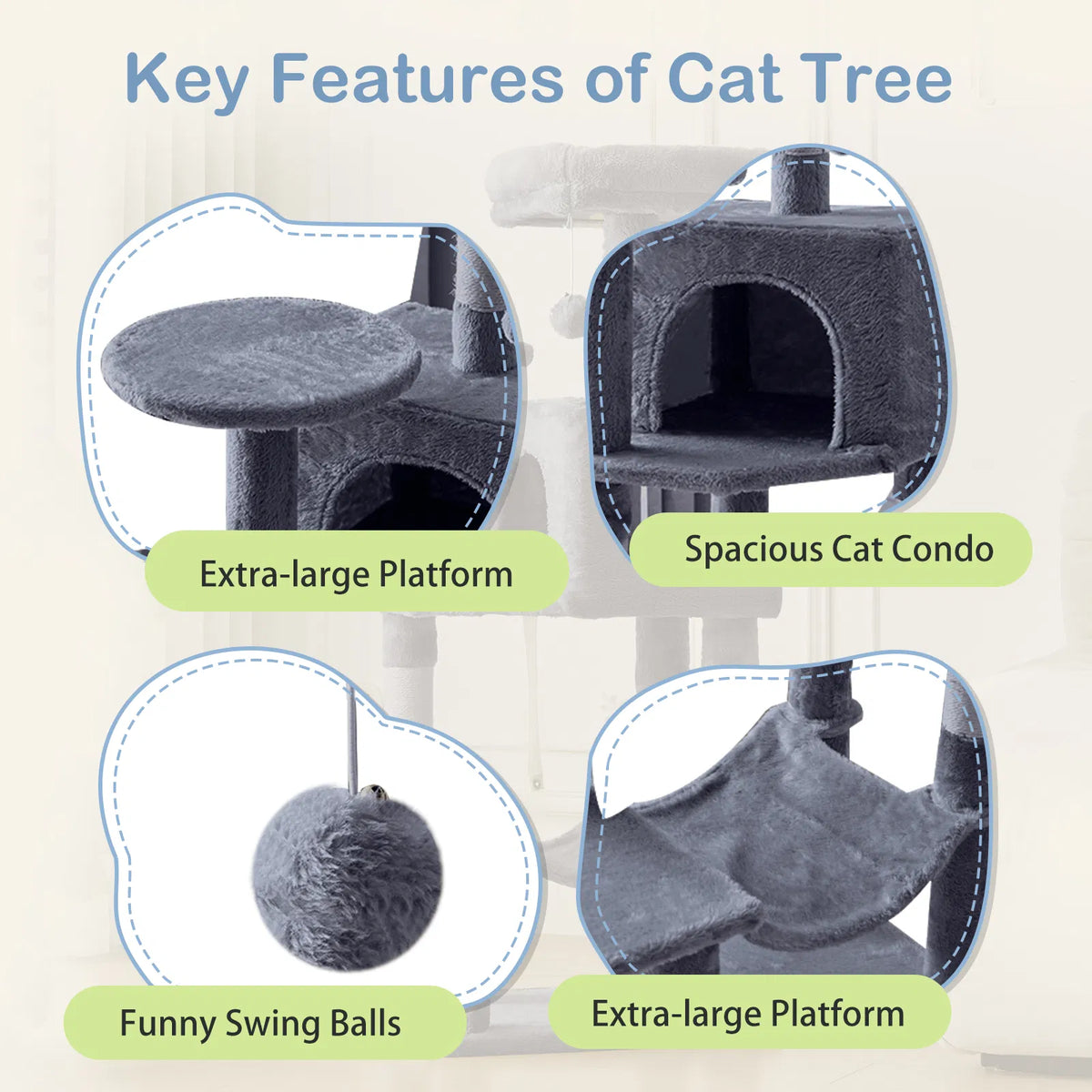44 Inch Multi‑Level Cat Tree Tower for 2‑3 Cats, Natural Sisal Scratching Posts with Condo, Hammock & Anti‑Tip Kit
