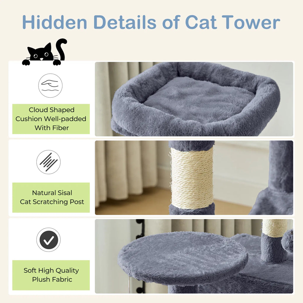 44 Inch Multi‑Level Cat Tree Tower for 2‑3 Cats, Natural Sisal Scratching Posts with Condo, Hammock & Anti‑Tip Kit