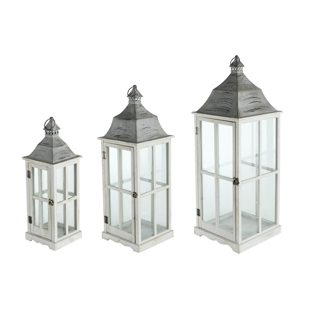 AEELLEEA Set of 3 Gray Wooden Decorative Lanterns, Rustic Fir Wood Candle Lanterns for Indoor & Covered Outdoor Decor