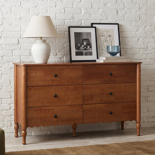 AEELLEEA 55" Farmhouse 6 Drawer Dresser, Rustic Brown Wood Look Double Dresser with Vintage Turned Legs for Bedroom