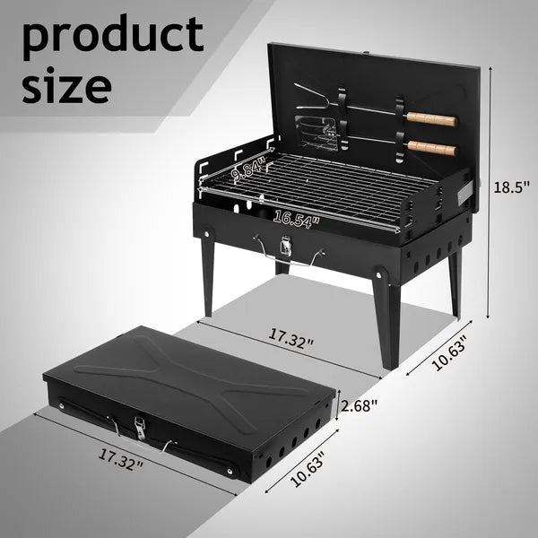 AEELLEEA 17.32" Folding Portable Charcoal Grill, 3-Height Adjustable Tabletop BBQ with Tools for Camping Outdoor Cooking