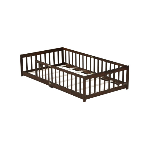 AEELLEEA Twin Size Montessori Floor Bed with Guardrails, Wooden Kids Bed Frame with Slats and Low Entry, Dark Brown