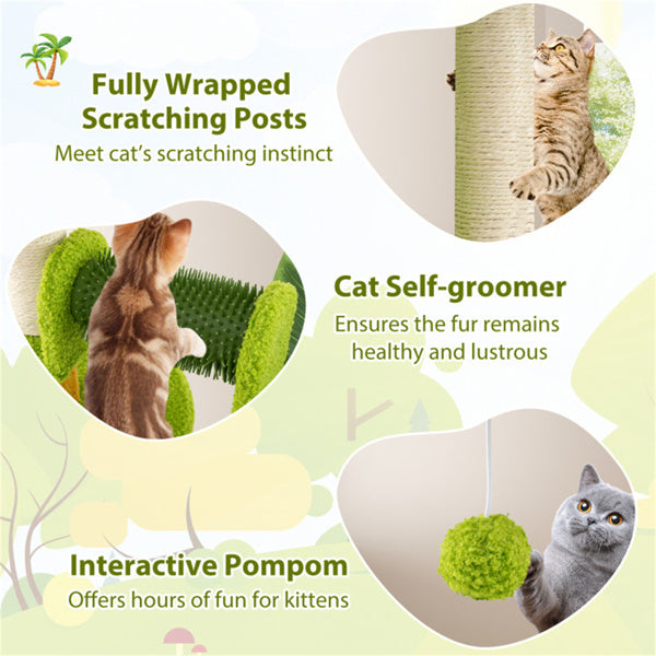 AEELLEEA 31-Inch Cat Tree Tower with Sisal Scratching Posts, Cat Condo, Self-Groomer and Hanging Pom-Pom Toy, Green