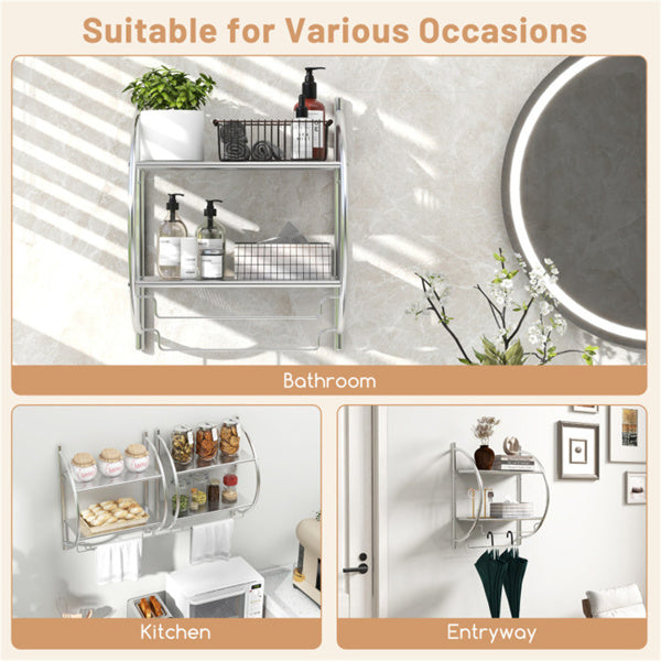 Wall Mounted Bathroom Storage Shelves, 22 Inch Rustproof Metal Towel Rack with 2 Open Shelves and 2 Hanging Bars for Towels Toiletries, Over Toilet