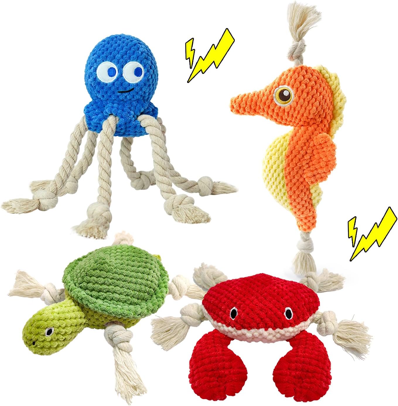 4-Pack Squeaky Dog Toys Set Sea Crinkle Plush Toy Rope Toys for Dogs Tug of War Toy & Oral Care Puppy Toys for Small Medium Large Dogs