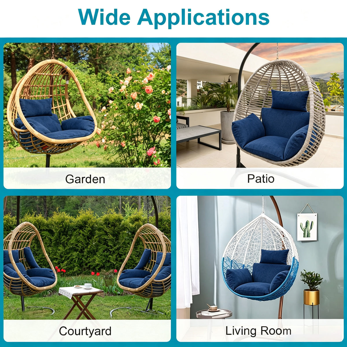Hanging Egg Chair Cushion with Head Pillow, Thick Hollow Cotton Replacement Pad, Removable Washable Polyester Cover for Indoor Outdoor Wicker Swing Chair
