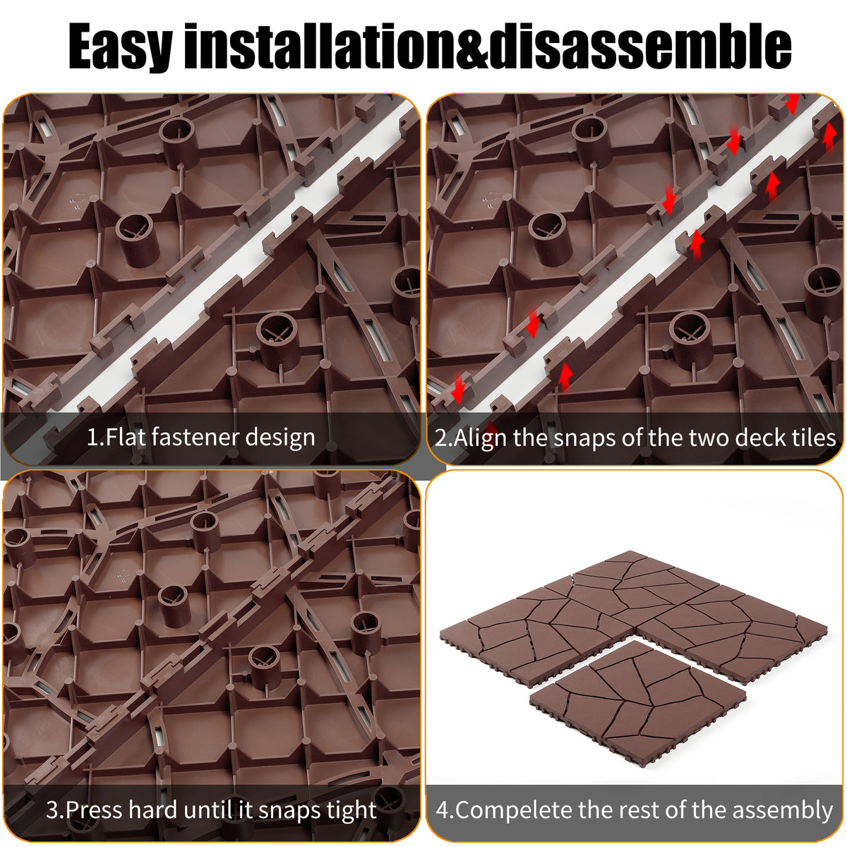 AEELLEEA Stone Look 12 Inch Interlocking Patio Deck Tiles, 44 Pcs Brown PP Outdoor Floor Tiles for Poolside Balcony Backyard