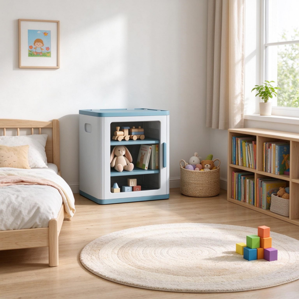 AEELLEEA Kids Storage Cabinet with Clear Door, 2-Tier Toy and Book Organizer, 15.2" x 14" x 16.1", Blue