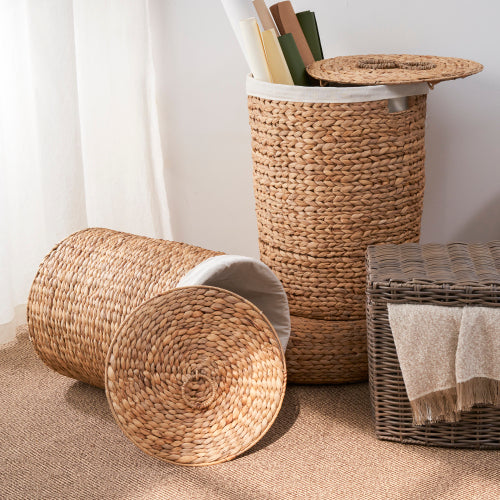 AEELLEEA 15 x 20 Inch Round Woven Water Hyacinth Laundry Hamper with Lid & Removable Liner, Decorative Storage Basket for Bedroom