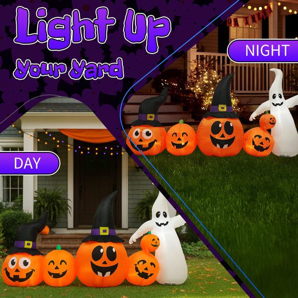 8FT Inflatable Halloween Yard Decor, Row of Hats Pumpkins & White Ghost with 5 LED Lights, Festive Outdoor Prop for Trick or Treat Season