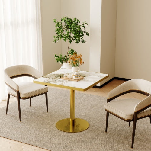 AEELLEEA 31.5-Inch Square Dining Table, Brown and White Marble-Look Top with Gold Metal Pedestal Base, Modern Kitchen Table
