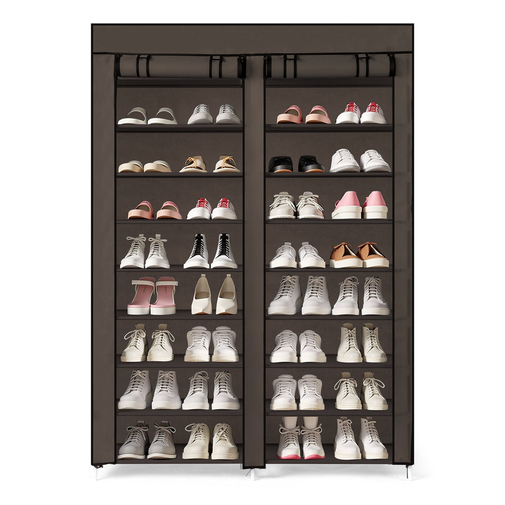 AEELLEEA- 10-Tier Double Row Shoe Rack, Gray Fabric Shoe Storage Organizer with Iron Frame, Freestanding Entryway Shoe Cabinet