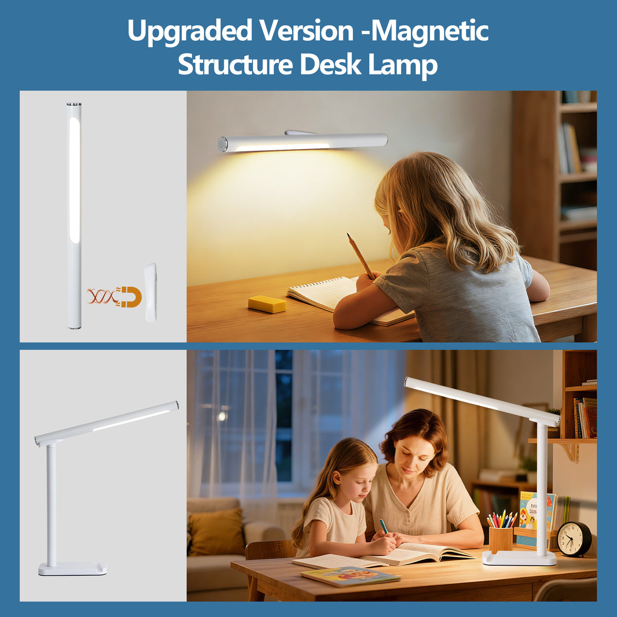 AEELLEEA Magnetic LED Desk Lamp, 360° Rotatable Detachable Light Bar, 15 Lighting Modes Dimmable USB Table Lamp for Study Reading Work