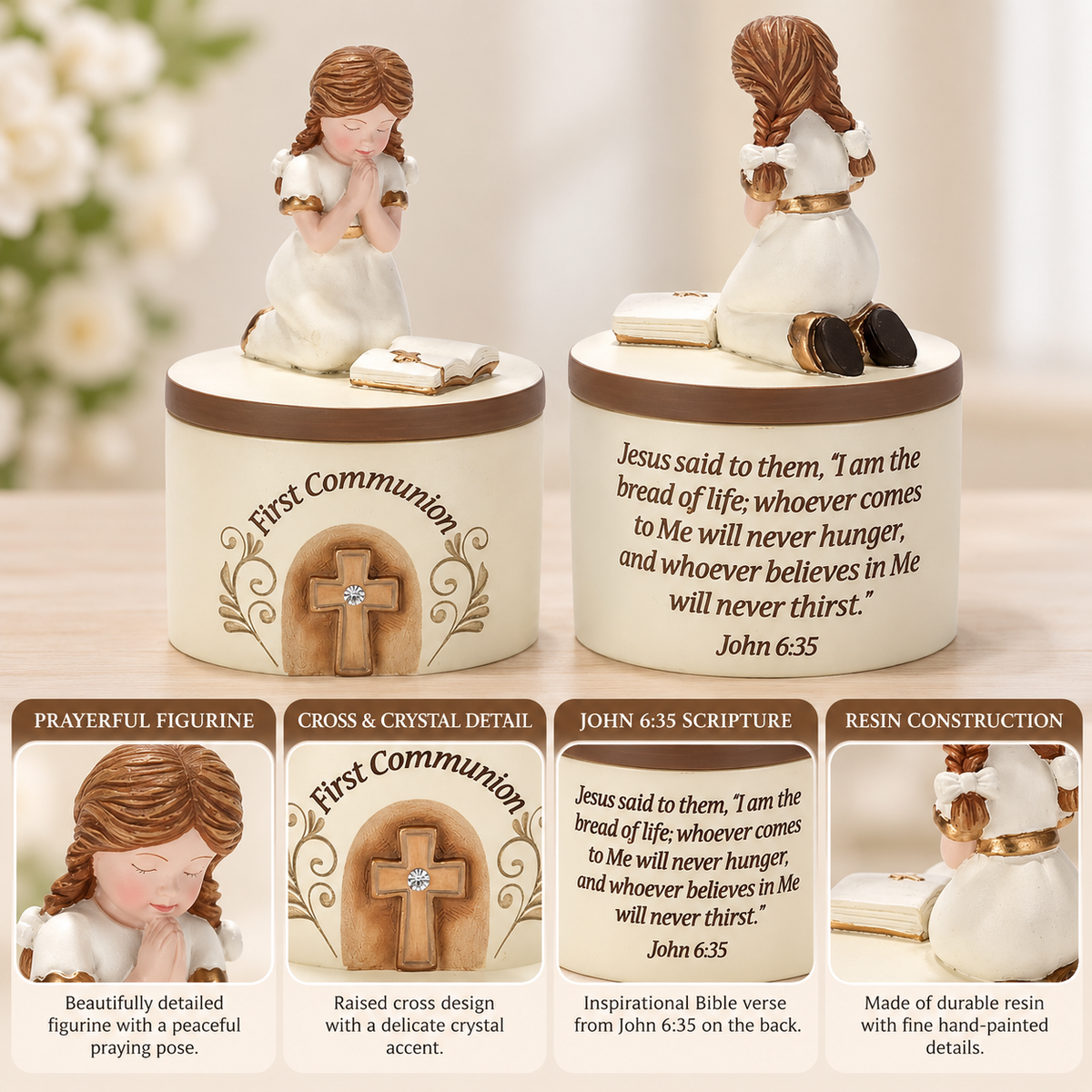 First Communion Keepsake Box with Praying Girl Figurine, Resin Religious Jewelry Box with Removable Lid, 5.25"
