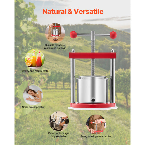 0.44 Gal / 1.65L Manual Fruit Wine Press, Stainless Steel Juice Press with T-Handle, Apple Grape Cider