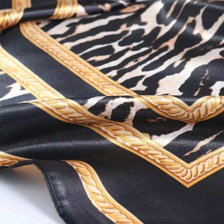 Black Gold Leopard Print Satin Square Scarf,Luxury Animal Pattern Neck Scarf Wrap for Women Hair Wrapping, Party Daily Accessory