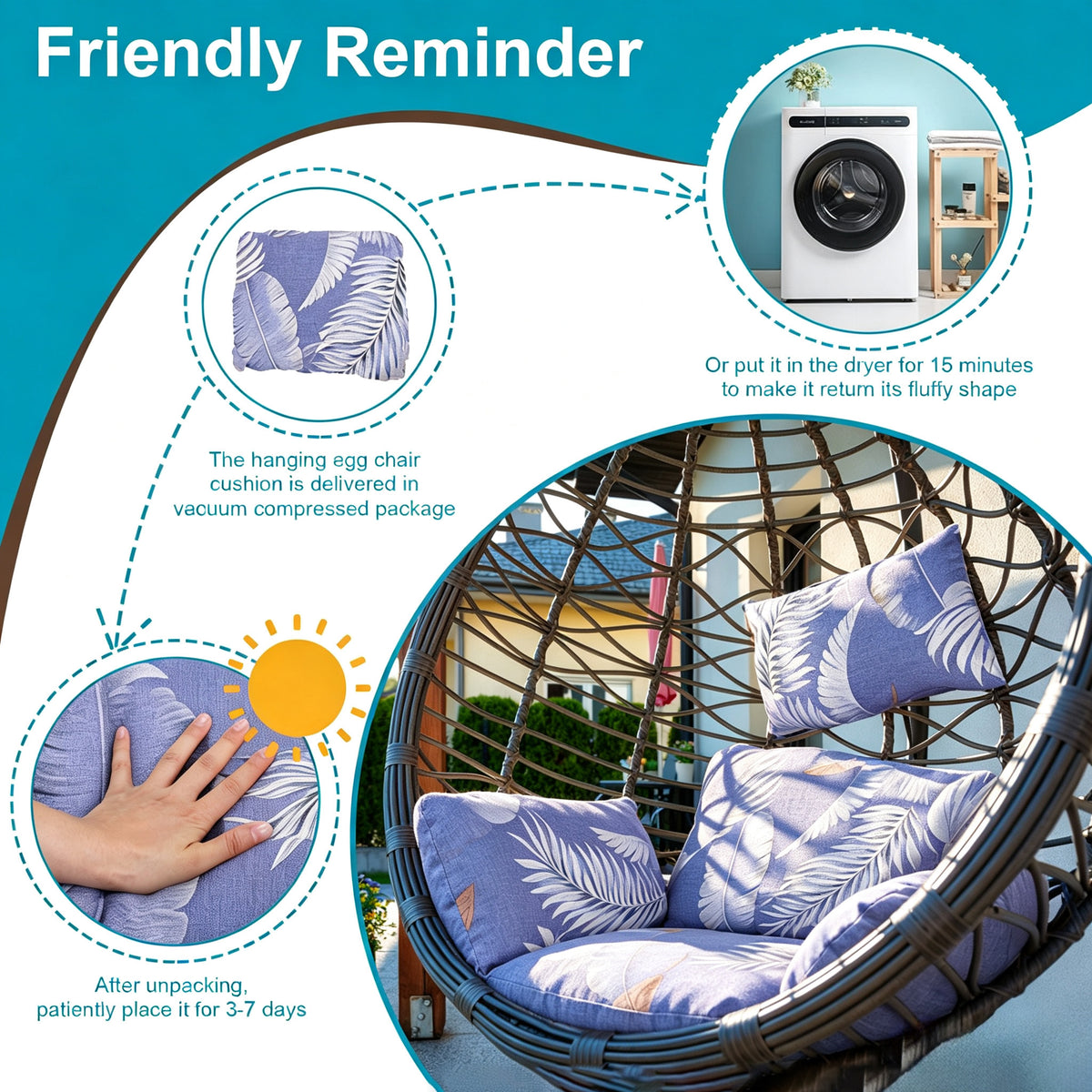 Hanging Egg Chair Cushion with Head Pillow, Thick Hollow Cotton Replacement Pad, Removable Washable Polyester Cover for Indoor Outdoor Wicker Swing Chair