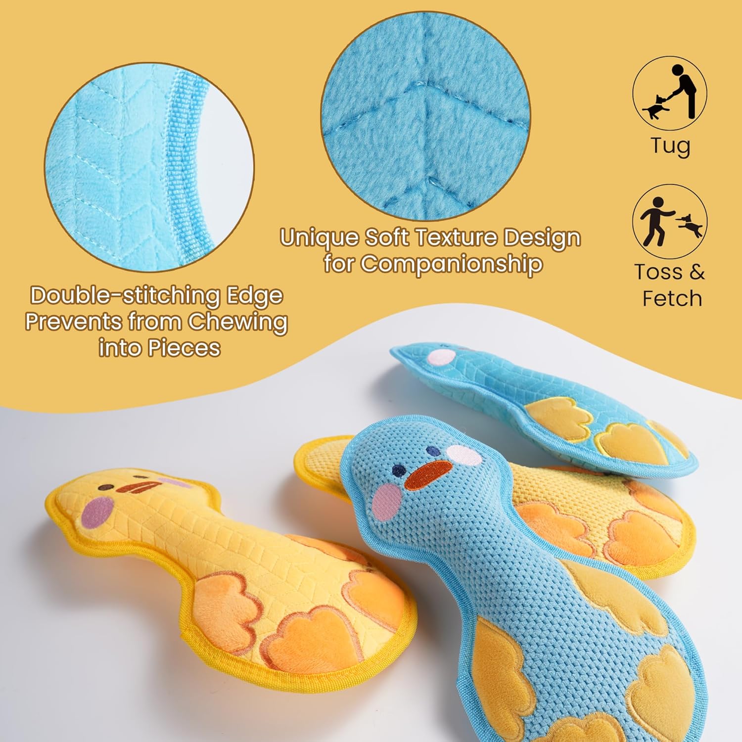 Nocciola Duck Squeaky Dog Toy, New 2025 Indestructible Dog Toy for Aggressive Chewers, Stuffed Toy with Two Tough Layers, Minky Plush for Comfort and Chewing, Yellow