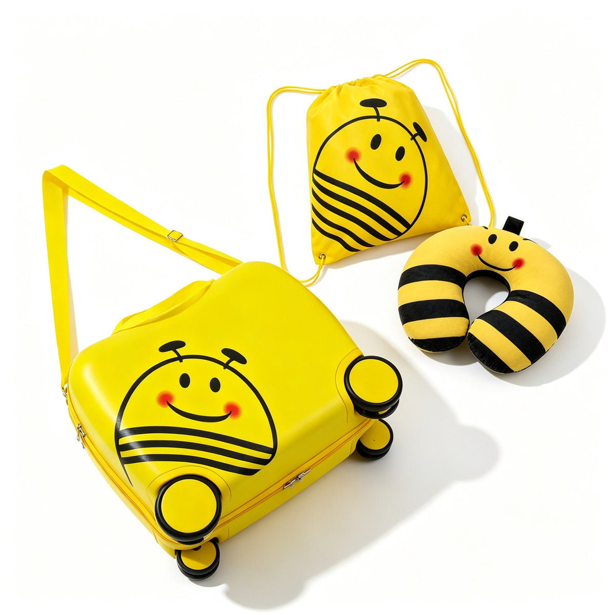 AEELLEEA 3 Piece Bee Kids Ride-On Luggage Set, 16 Inch Rolling Suitcase with Drawstring Backpack & Neck Pillow for Toddler Travel