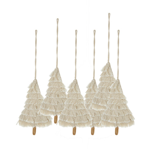 AEELLEEA Fringed Tree Shaped Christmas Ornaments, Boho Tassel Tree Hanging Decor, 6 Pack Rustic Xmas Tree Decorations for Holiday Home Display