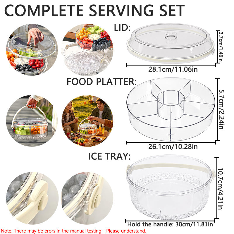 2-Tier Divided Serving Tray with Ice Compartment, Chilled Food Platter, Cold Food Storage Tray for Picnic, BBQ, Party and Kitchen