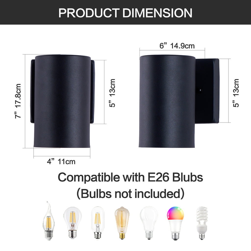 2 Pack Black Cylinder Downlight Wall Sconce, Aluminum Hardwired Wall Mount Light Fixture, Modern Single Direction Outdoor Wall Lamp
