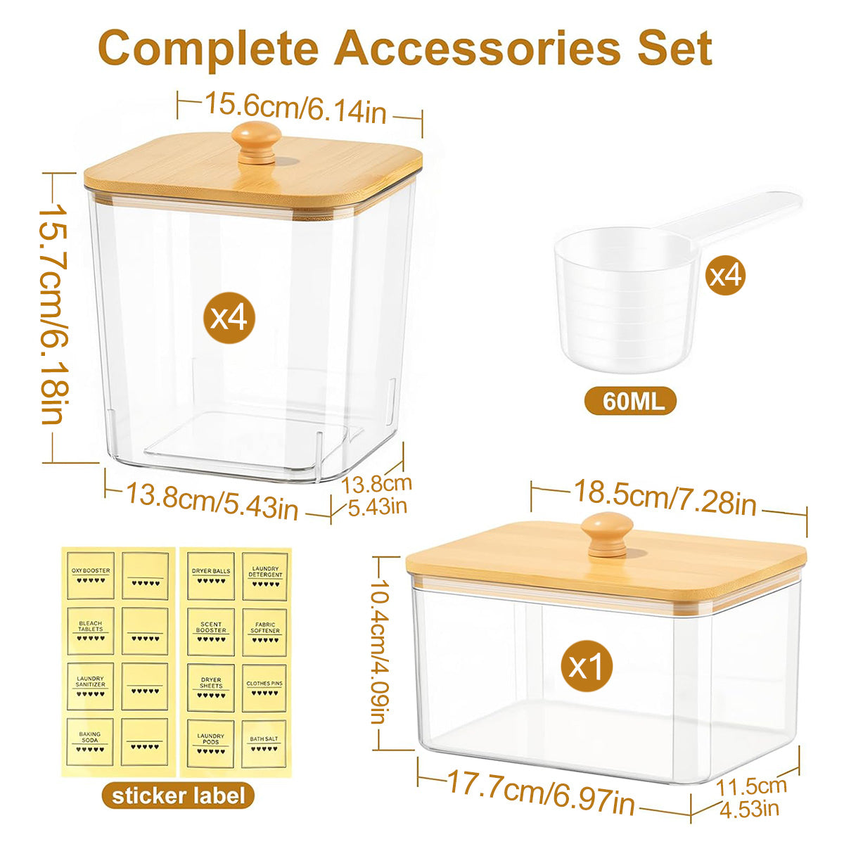 5-Piece Laundry Storage Container Set with Wooden Lids, Clear Acrylic Detergent and Laundry Pod Organizers with Labels
