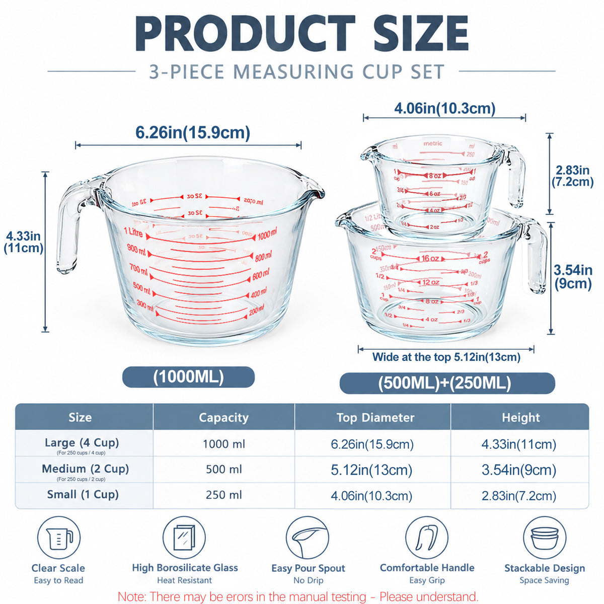 3-Piece Glass Measuring Cups Set, 8 oz 16 oz & 32 oz Liquid Measuring Cups, Clear Glass with Easy-Read Markings, Dishwasher, Oven & Microwave Safe