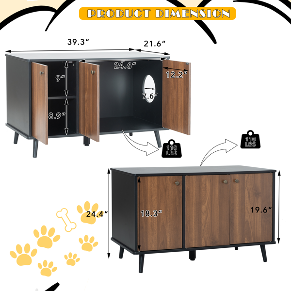 AEELLEEA Cat Litter Box Furniture Cabinet with 3 Doors, Storage Shelves and Side Cat Entry, Black and Walnut