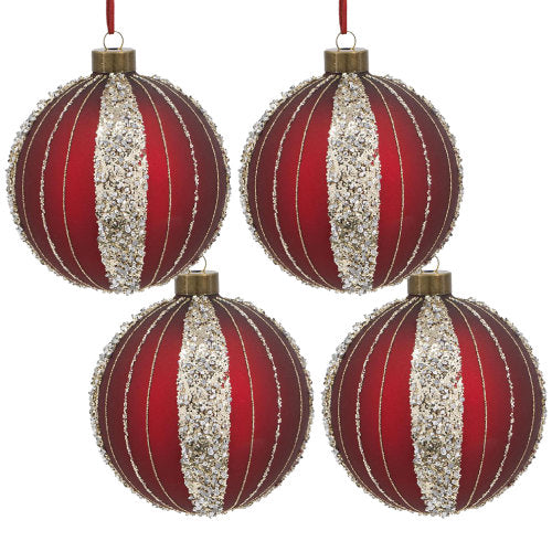 AEELLEEA 4.7" Red Glitter Striped Glass Christmas Ball Ornaments Set of 4, Hanging Baubles for Xmas Tree Holiday Decor
