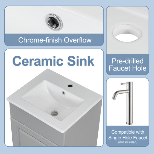 Gray Bathroom Vanity with Sink 18 Inch, Freestanding Small Bathroom Cabinet with Ceramic Basin, Soft Close Door