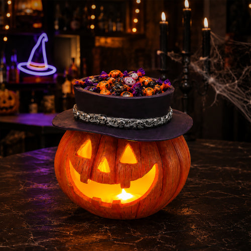 AEELLEEA 8.27"x 8.27" x 7.48" Lighted Halloween Pumpkin Candy Bowl, LED Jack O Lantern with Top Hat Treat Bucket for Party Decor