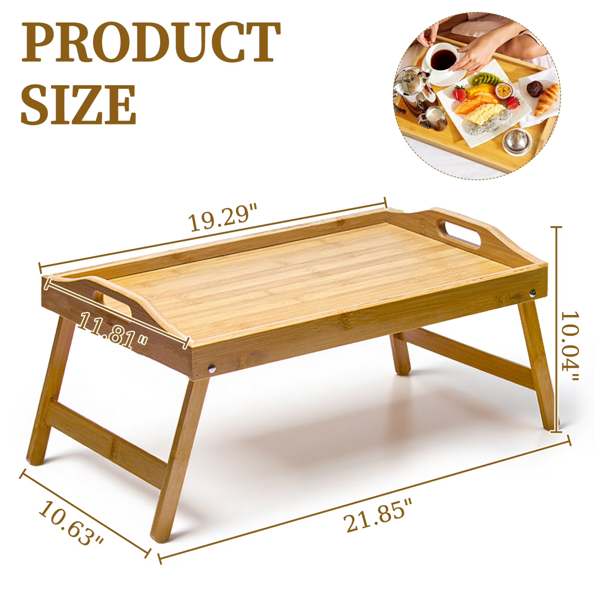 Bamboo Bed Tray Table with Foldable Legs, 19.29" Wooden Breakfast Serving Tray with High Edges and Handles, Laptop Sofa Desk for Adults