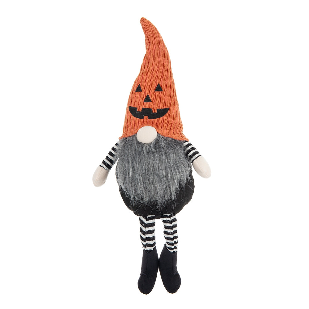 Halloween Gnome Decor, 23.5 Inch Fabric Sitting Plush Gnome with Orange Pumpkin Knit Hat, Black Striped Legs Farmhouse Tabletop Ornament for Holiday Home Party Decoration