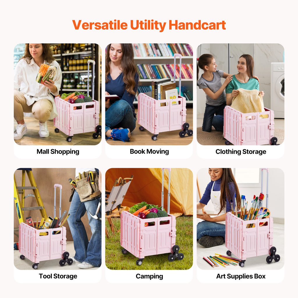 65L Foldable Stair Climbing Shopping Cart, Collapsible Rolling Crate with Wheels, Heavy Duty Grocery Cart for Shopping & Groceries