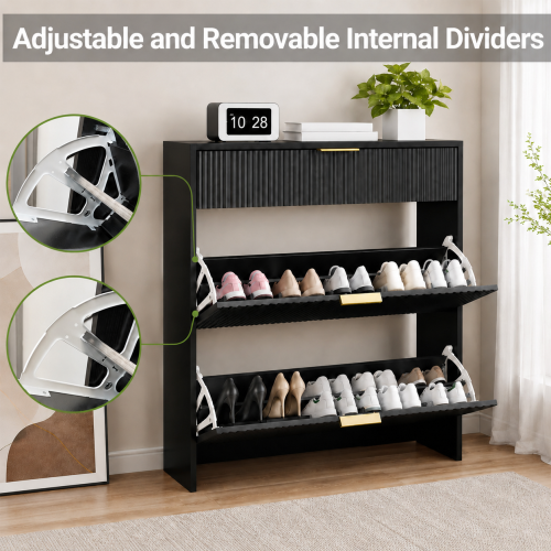 AEELLEEA Narrow Fluted Entryway Shoe Storage Cabinet, Freestanding Flip Drawer Shoe Rack with Gold Handles for Hallway Bedroom
