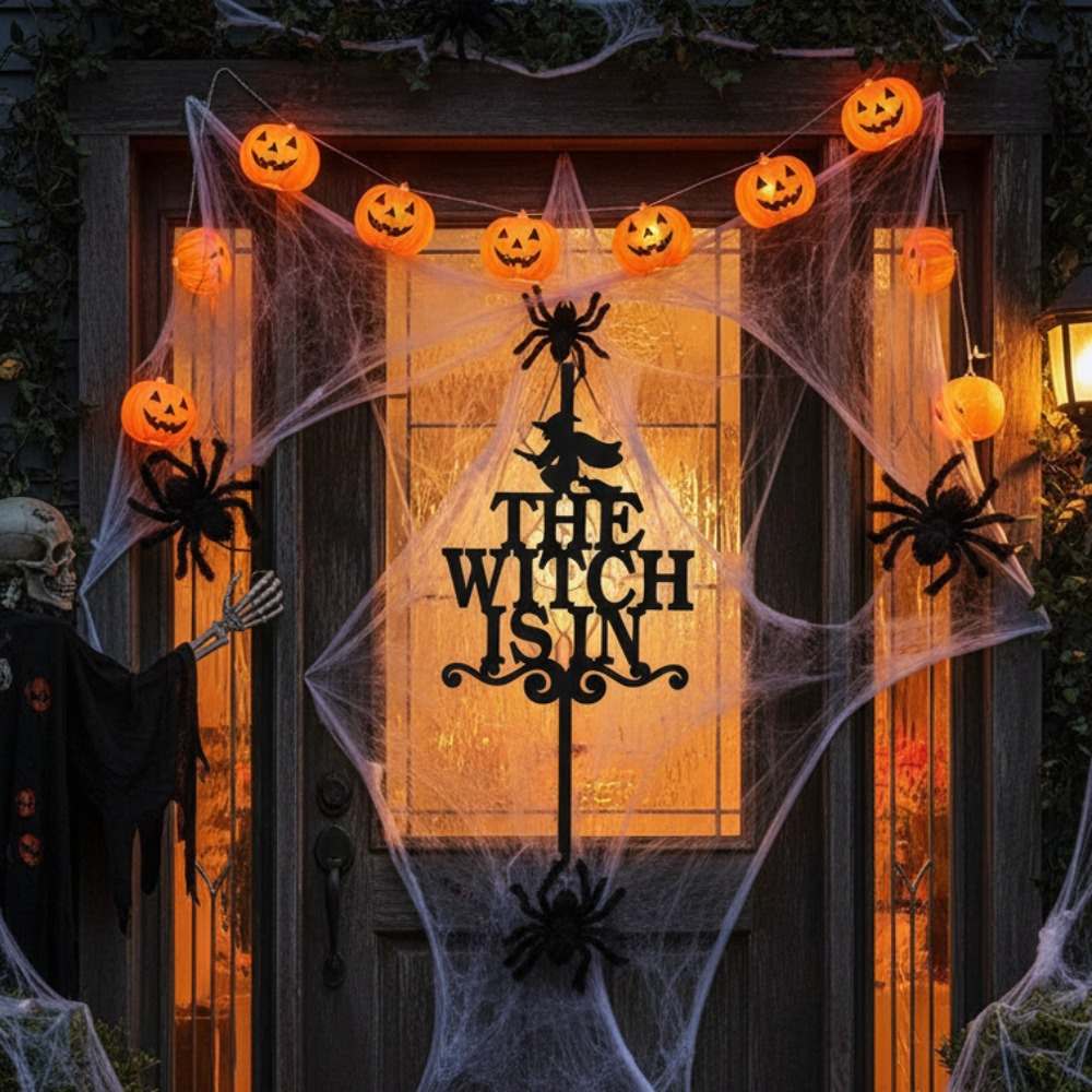 AEELLEEA-The Witch Is In Wreath Hanger, Black Iron Metal Hook, Gothic Spooky Front Door Decor, Halloween Thanksgiving Rustic Wreath Holder