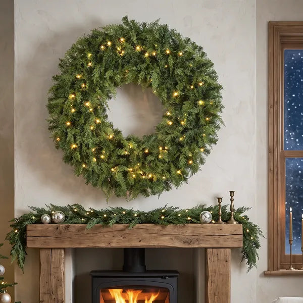 Aeelleea 48 Inch Prelit Crestwood Spruce Christmas Wreath, Artificial Wreath with Bow, 8 Modes LED Lights