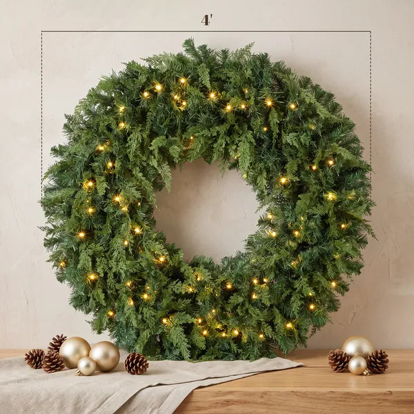 Aeelleea 48 Inch Prelit Crestwood Spruce Christmas Wreath, Artificial Wreath with Bow, 8 Modes LED Lights
