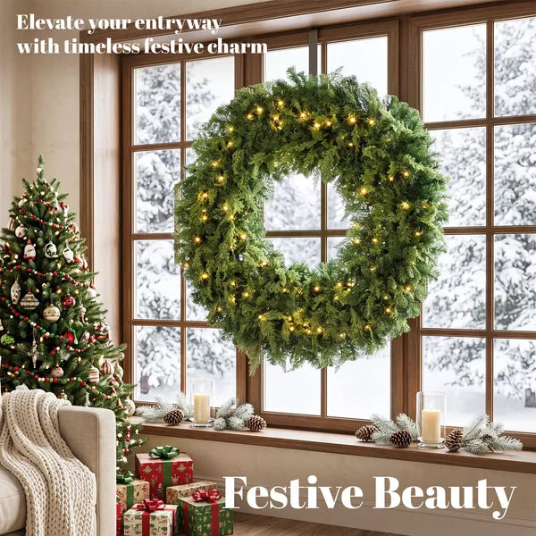 Aeelleea 48 Inch Prelit Crestwood Spruce Christmas Wreath, Artificial Wreath with Bow, 8 Modes LED Lights
