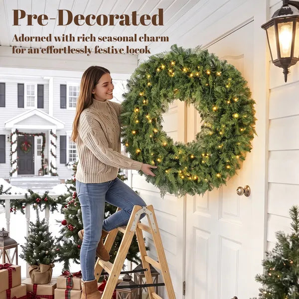 Aeelleea 48 Inch Prelit Crestwood Spruce Christmas Wreath, Artificial Wreath with Bow, 8 Modes LED Lights